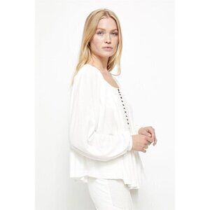 Free People Devin Poet Peasant Top M Textured White Button Long Sleeves Swing